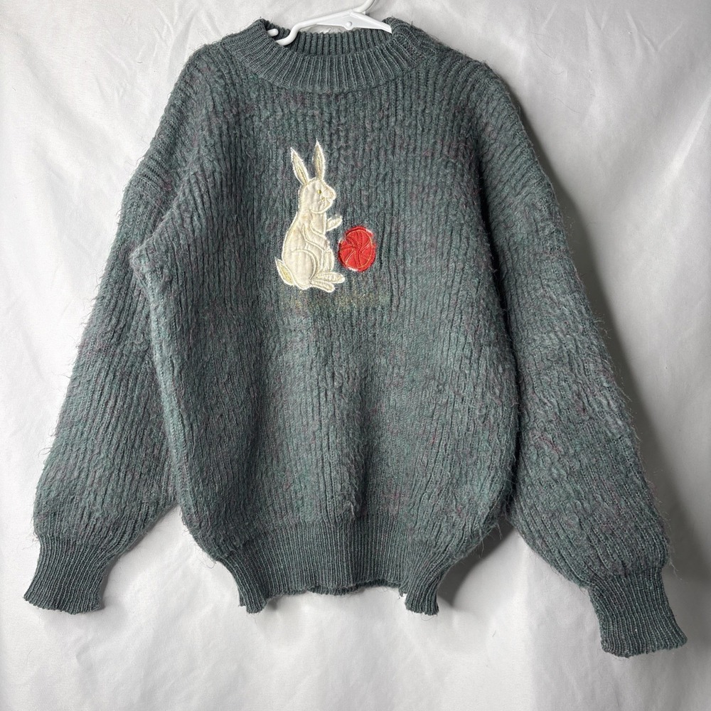 Vtg Handknitted Kids Green Speckled Pink Embroidered white Bunny Sweater Easter